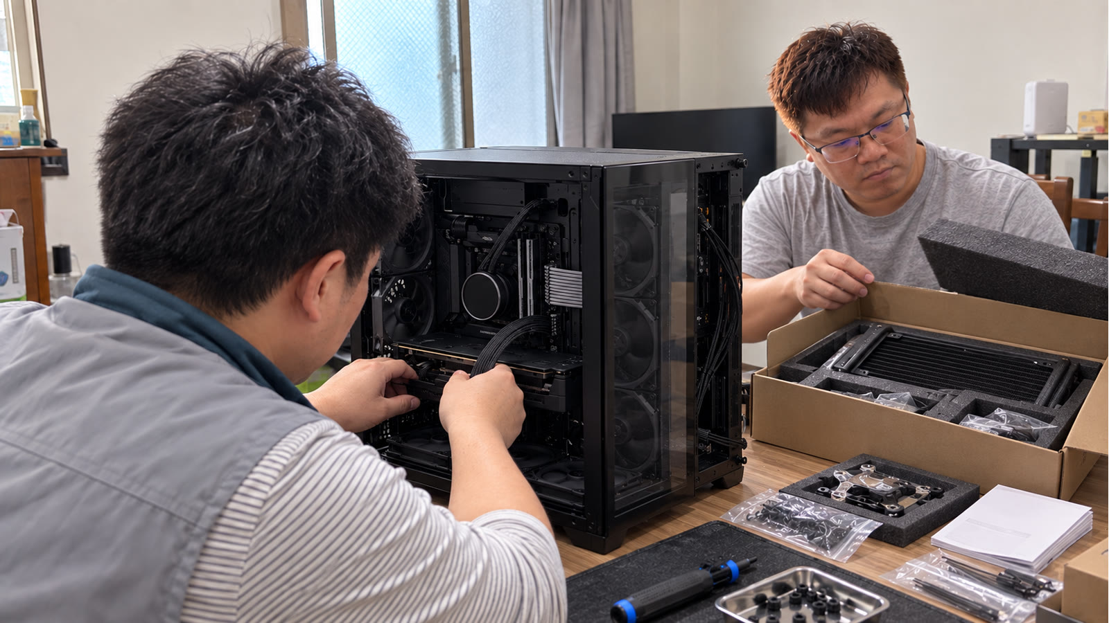 板橋到府電腦組裝現場，工程師安裝主機時同步拆開水冷配件包裝