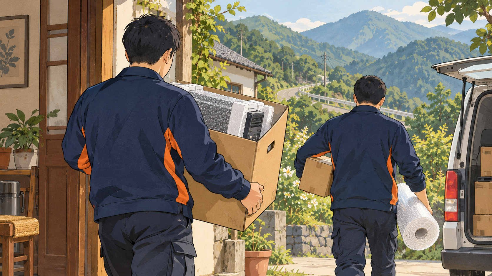 兩位59IT工作人員從山區住家搬運已防護桌機與零件箱的情境插畫