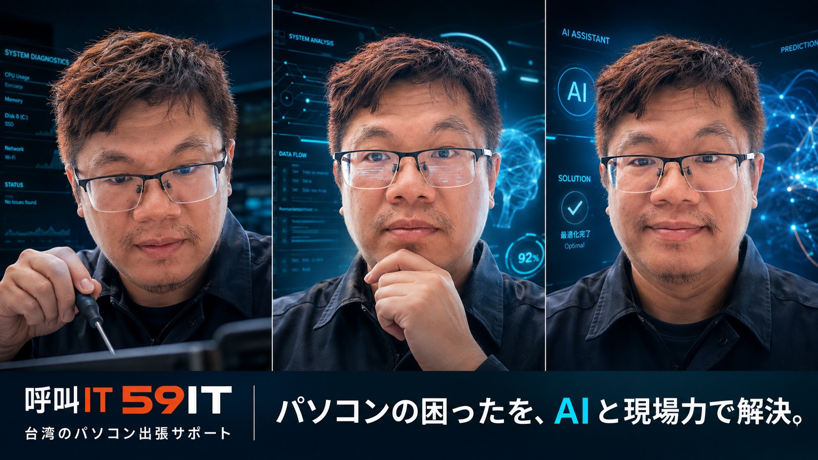 59IT技術者が三つの表情で診断からAI支援分析、解決までを示す台湾出張パソコン修理の案内画像