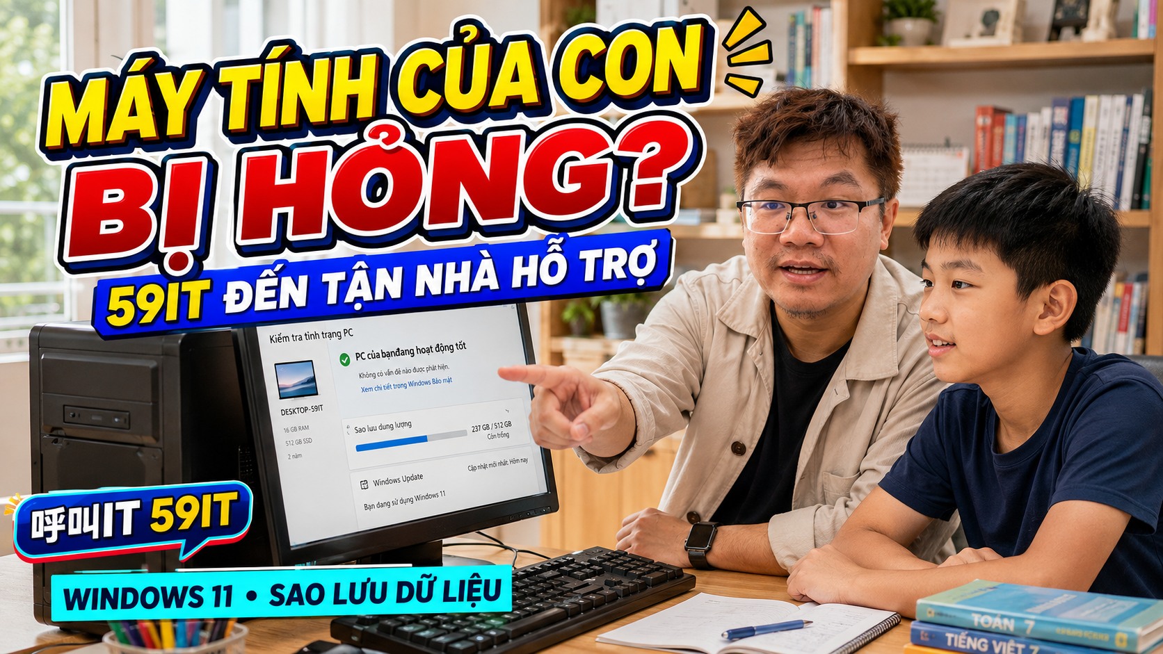 Kỹ thuật viên 59IT mặc áo khoác màu be hướng dẫn một bé trai khoảng 12 tuổi kiểm tra máy tính để bàn dùng cho học tập
