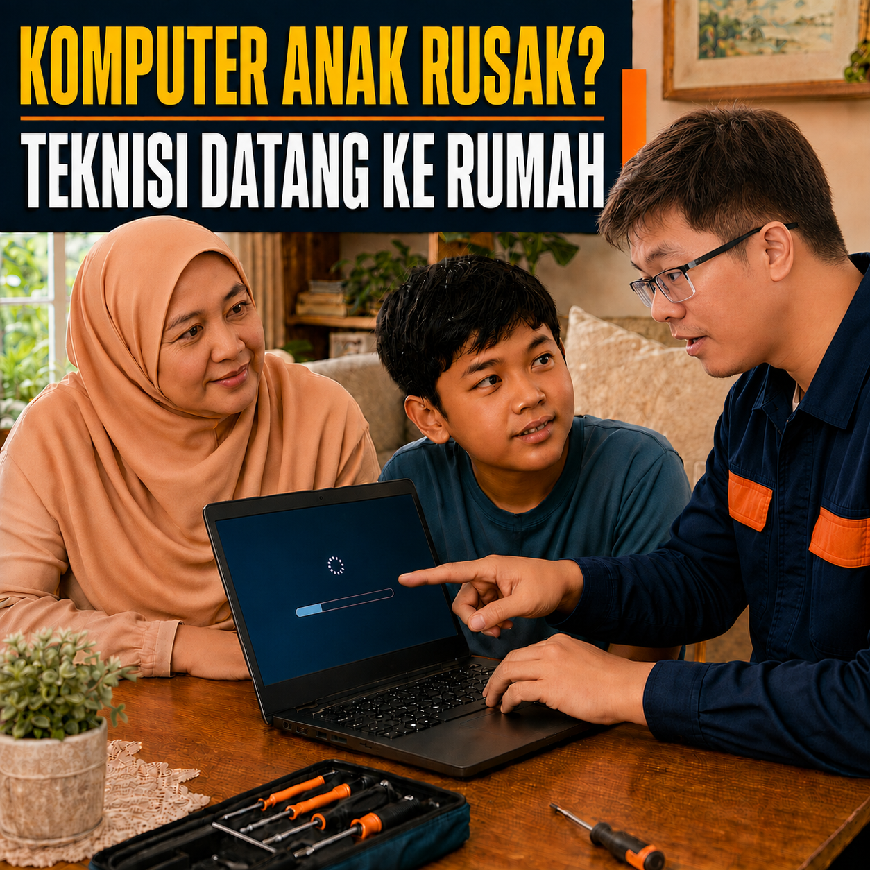 Komputer anak rusak, teknisi 59IT fokus memeriksa laptop sambil menjelaskan kepada keluarga Indonesia
