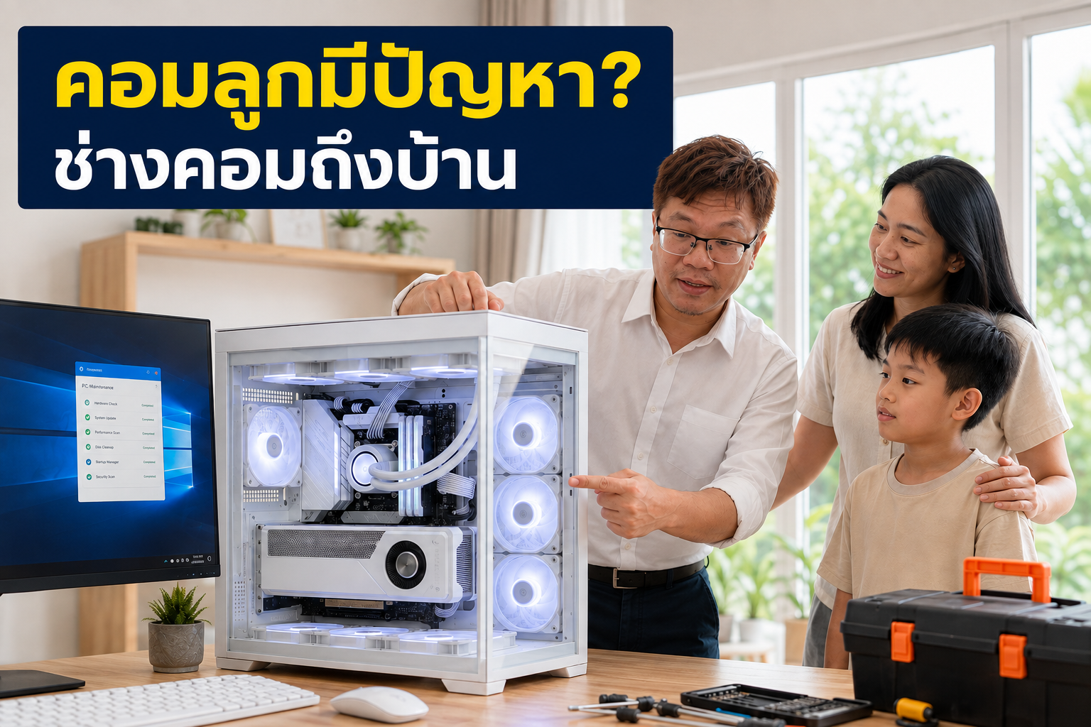ช่าง 59IT สวมแว่นและเสื้อเชิ้ตสีขาว กำลังตรวจคอมพิวเตอร์ตั้งโต๊ะเกมมิ่งสีขาวพร้อมอธิบายให้ครอบครัวฟัง