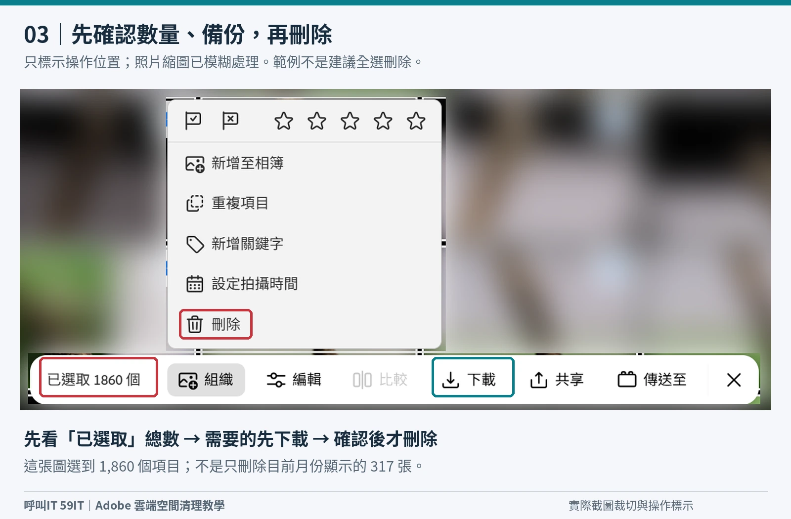 Lightroom 已選取 1860 個項目，並標示下載備份與刪除位置